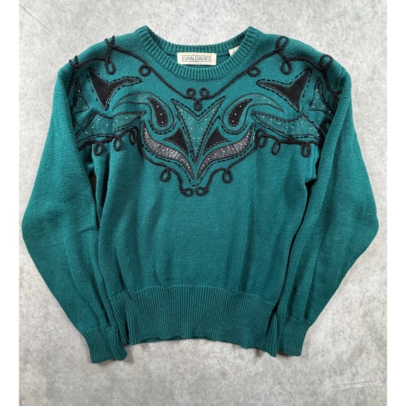 Evan Davies Sweaters - Evan Davies Vintage Womens Small Sweater Ramie Cotton Teal Western Applique